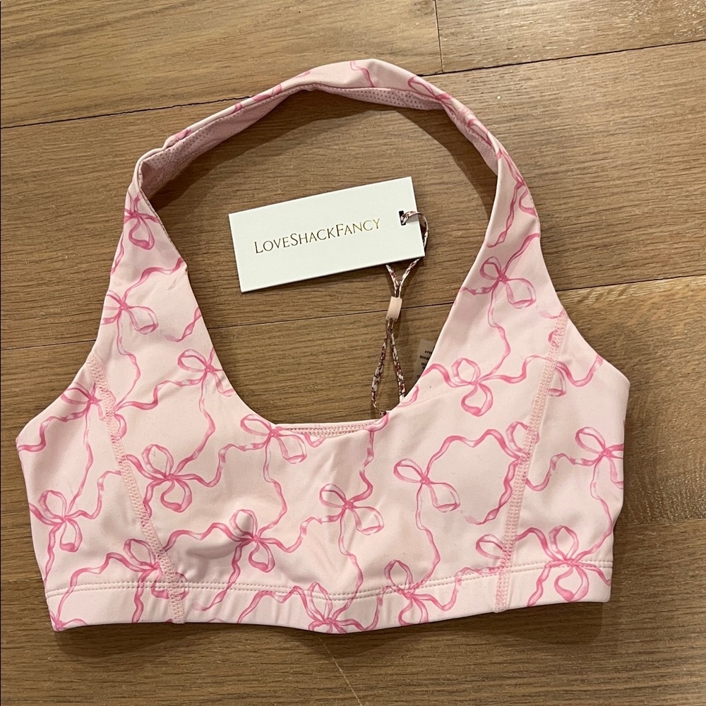 LoveShackFancy Light Pink Bow-Print Sports Bralette